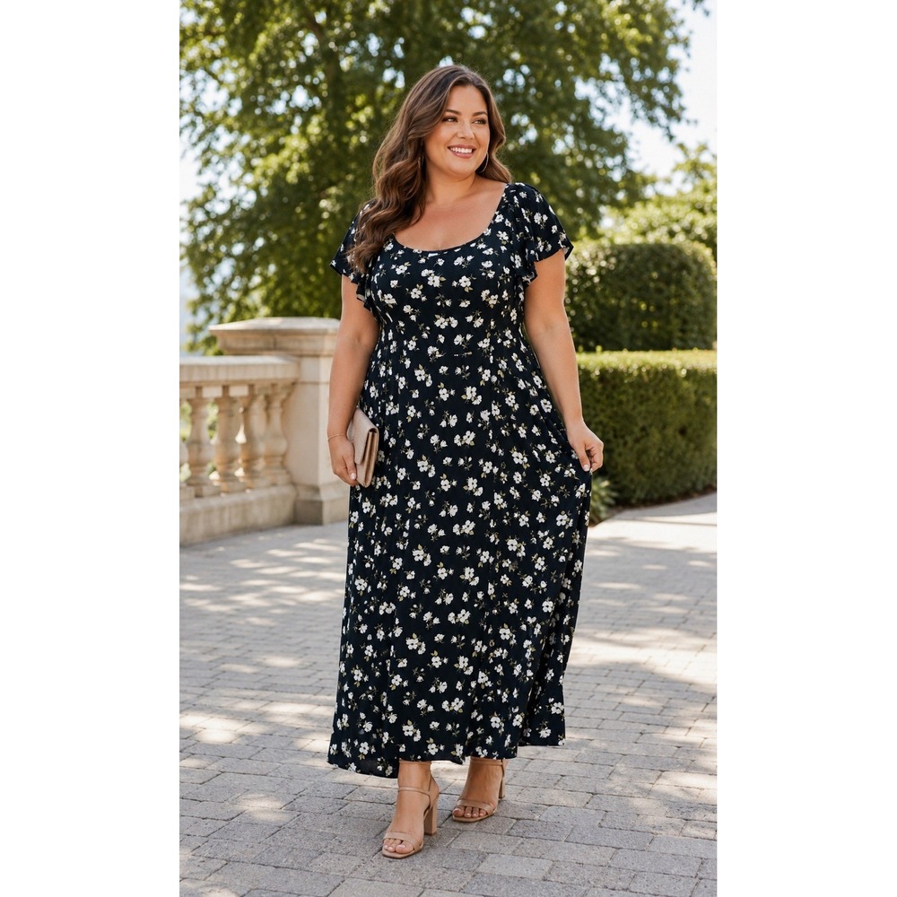 Old Navy 4X Black White Floral Maxi Dress Flutter Sleeve Plus Size NWT AB19